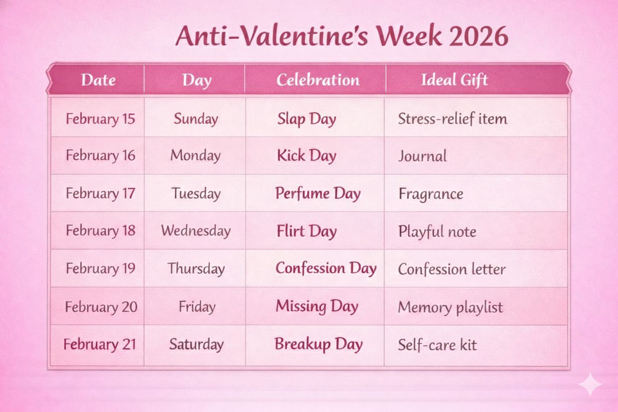 Anti-Valentine Week 2026 table showing dates from February 15 to 21 including Slap Day, Kick Day, Confession Day, and Breakup Day with simple self-care gift ideas.