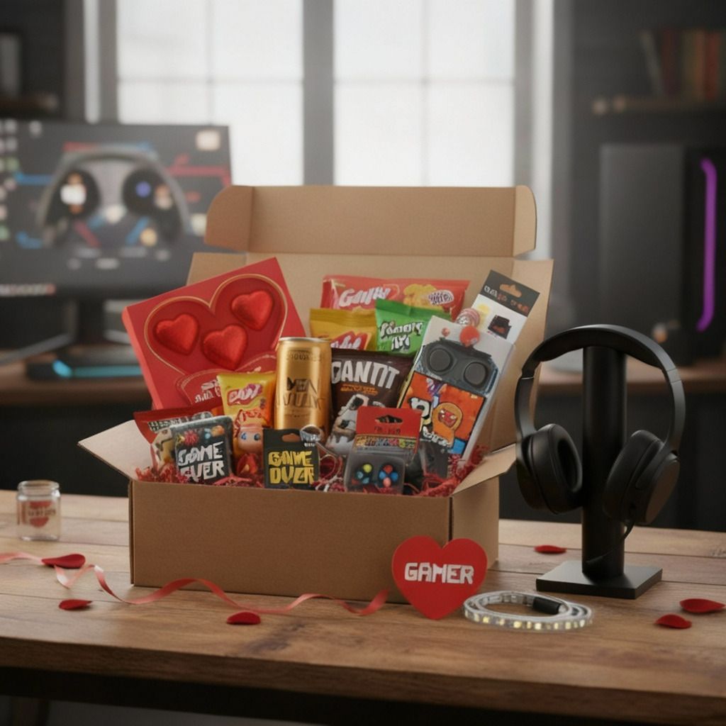 Gamer Valentine’s Day basket with snacks, gaming accessories, headphones, and themed car