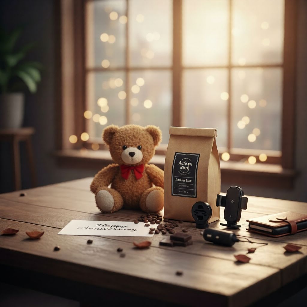 Thoughtful last minute anniversary gifts for him under 30 dollars with plush toy, coffee, gadgets, and greeting card