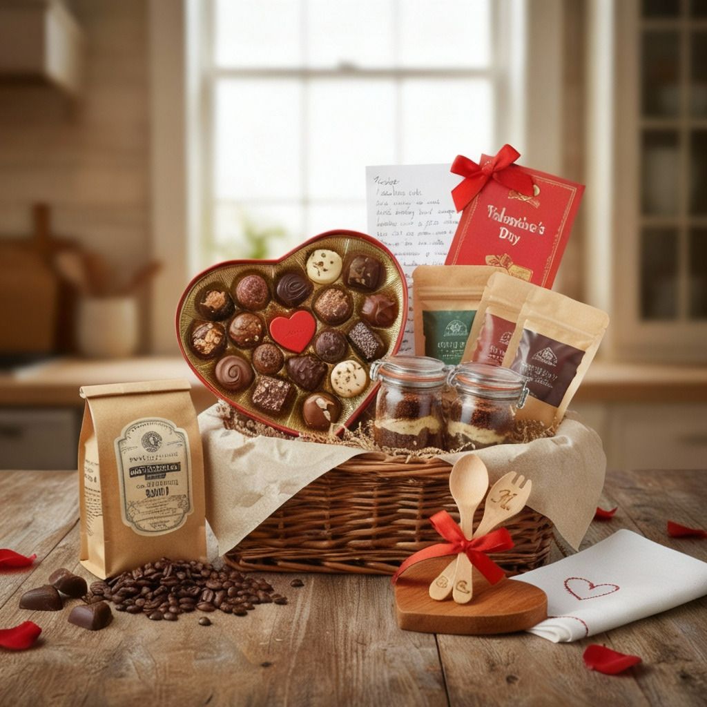 Foodie Valentine’s Day basket featuring chocolates, coffee, desserts, and gourmet treats in a wicker basket