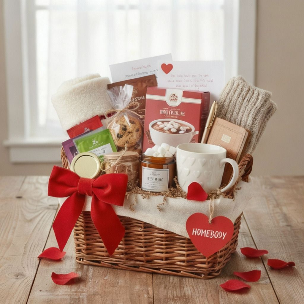Homebody Valentine’s Day basket with cozy items like hot chocolate, mug, blanket, cookies, and self-care essentials
