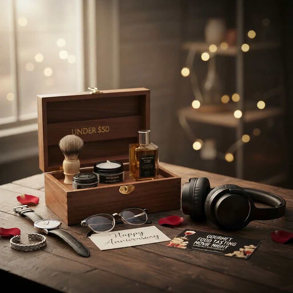 Premium last minute anniversary gifts for him under 50 dollars featuring grooming kit, watch, headphones, and experience gift card