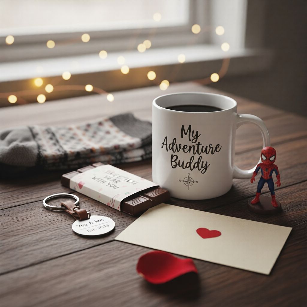 Affordable last minute anniversary gifts for him under 20 dollars including mug, chocolates, keychain, and small keepsakes
