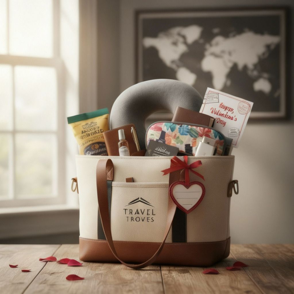 Travel lover Valentine’s Day basket with travel accessories, neck pillow, journal, and personalized card