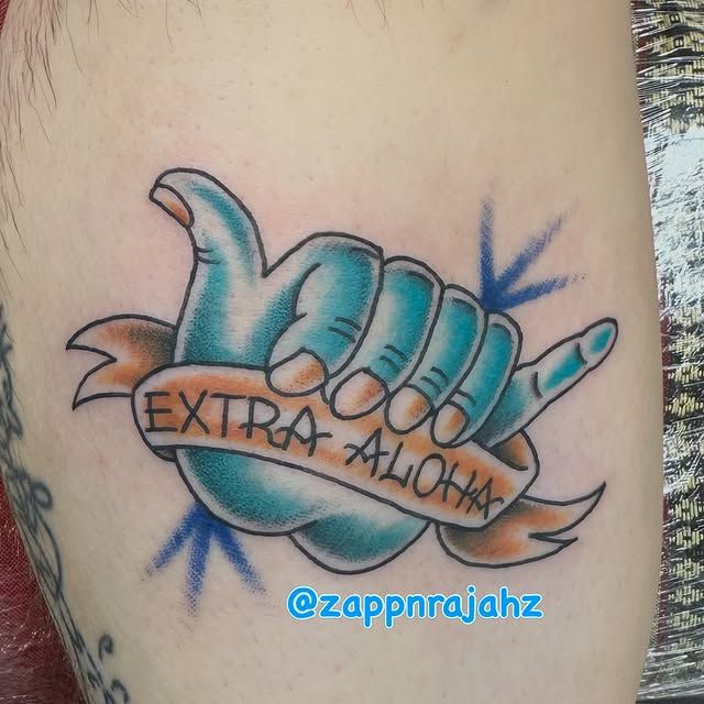 Blue Extra Aloha shaka hand tattoo by Tomo