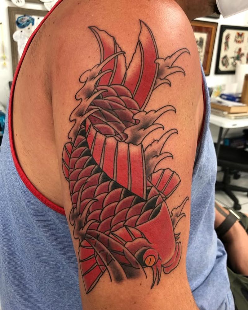 Japanese dragon shoulder tattoo by Tomo at Ohana Tattoo Company in Waikiki