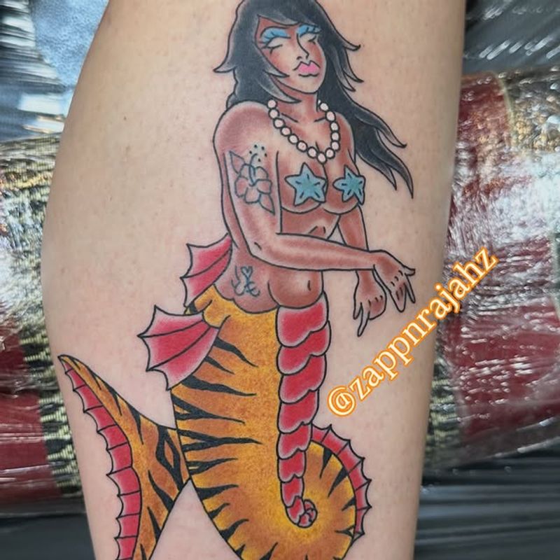 Color mermaid and shark tattoo by Tomo