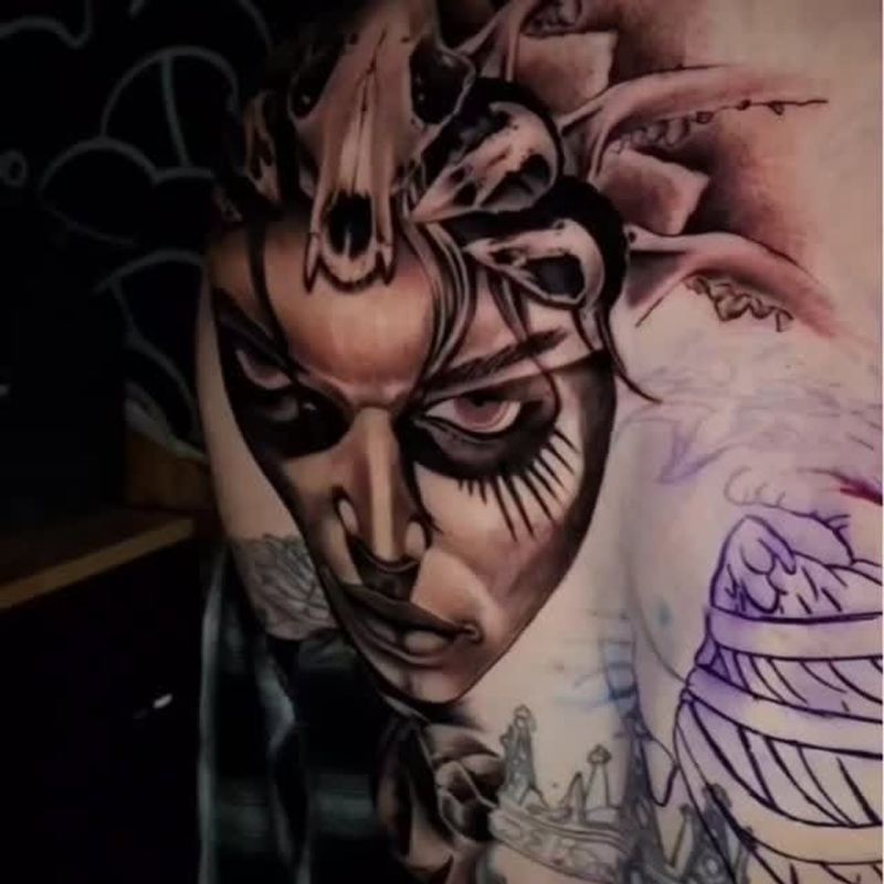 Large black and grey dark realism woman tattoo by Sergio
