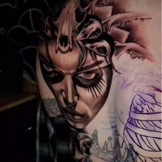 Large black and grey dark realism woman tattoo by Sergio