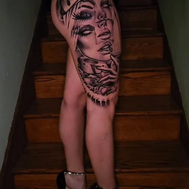 Black and grey Medusa portrait forearm tattoo by Sergio