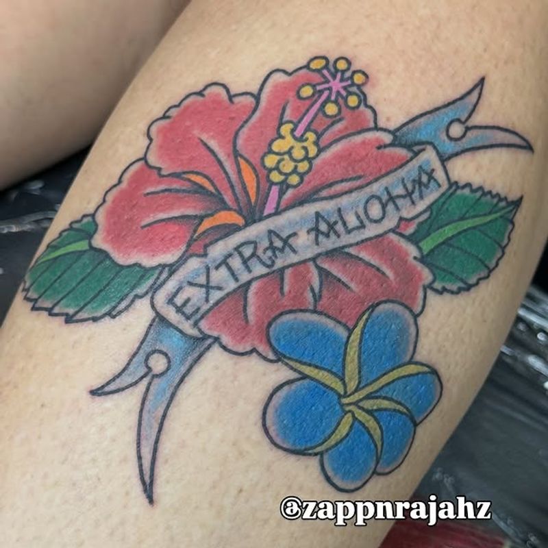 Extra Aloha hibiscus flower tattoo by Tomo