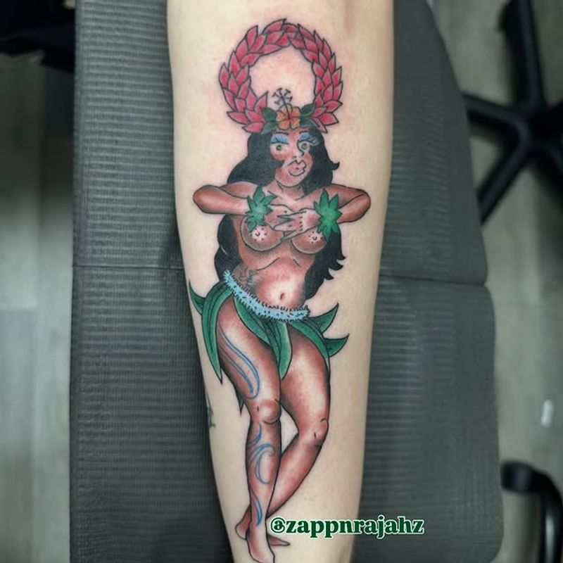 Traditional hula dancer tattoo by Tomo