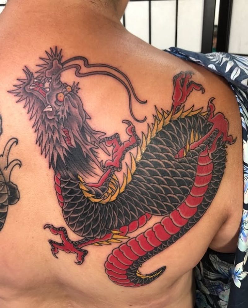 Large Japanese dragon back and shoulder tattoo by Tomo