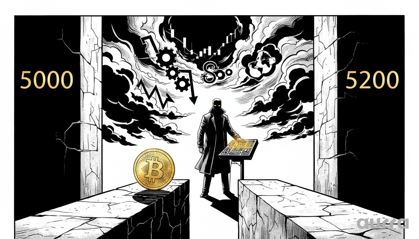 Illustration of a trader at a glowing console standing between stone walls marked 5000 and 5200 with a gold coin and dark market clouds above.