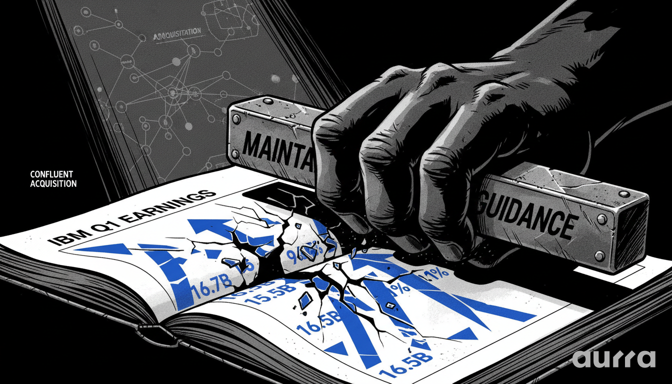 Illustration of a large dark hand holding a heavy bar labeled MAINTAIN GUIDANCE and smashing it into an open book. The book displays a cracked blue line graph and the text IBM Q1 EARNINGS. A faint diagram labeled CONFLUENT ACQUISITION sits in the dark background.