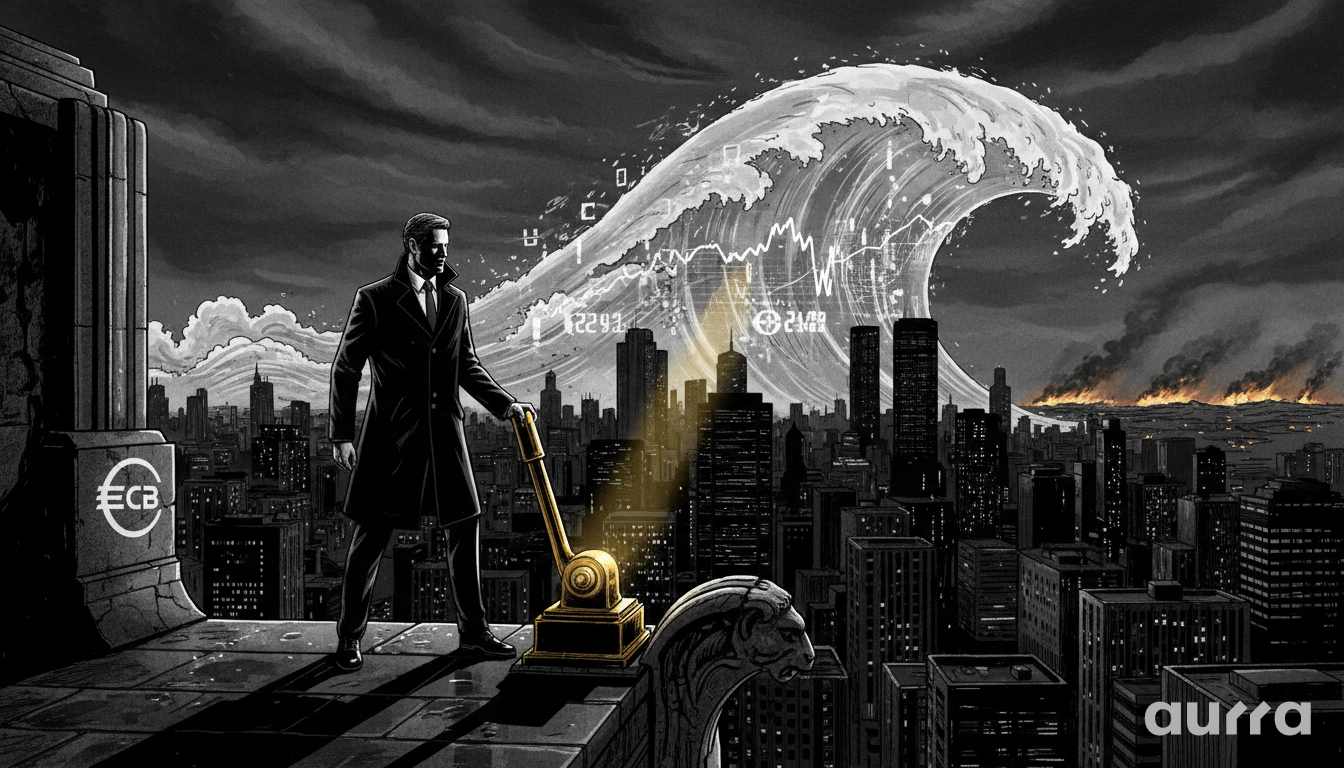 Illustration of a man in a dark coat pulling a golden lever next to an ECB logo, as a massive wave of stock data and water crashes over a burning city.