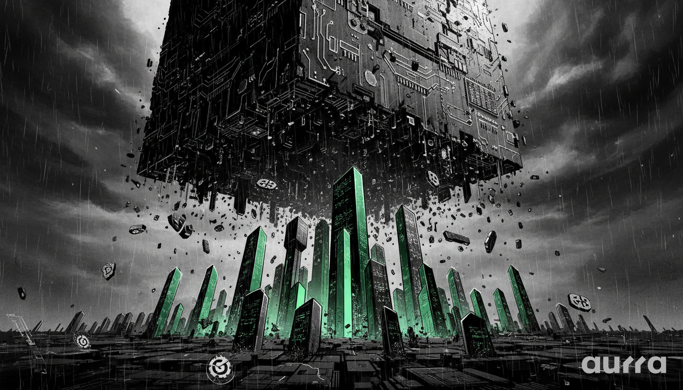 Noir-style illustration of a massive digital circuit cube descending heavily upon a city, while specific glowing green skyscrapers stand resilient, symbolizing the heavy pressure on Nvidia contrasting with the growth in software stocks.