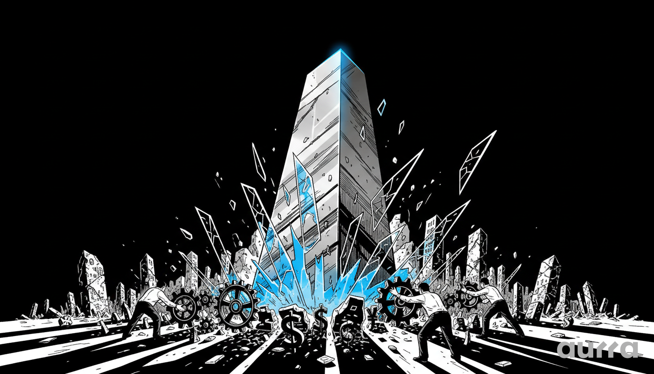 Dramatic image of a crumbling monolithic tower with bright blue cracks, surrounded by men moving gears and money symbols.