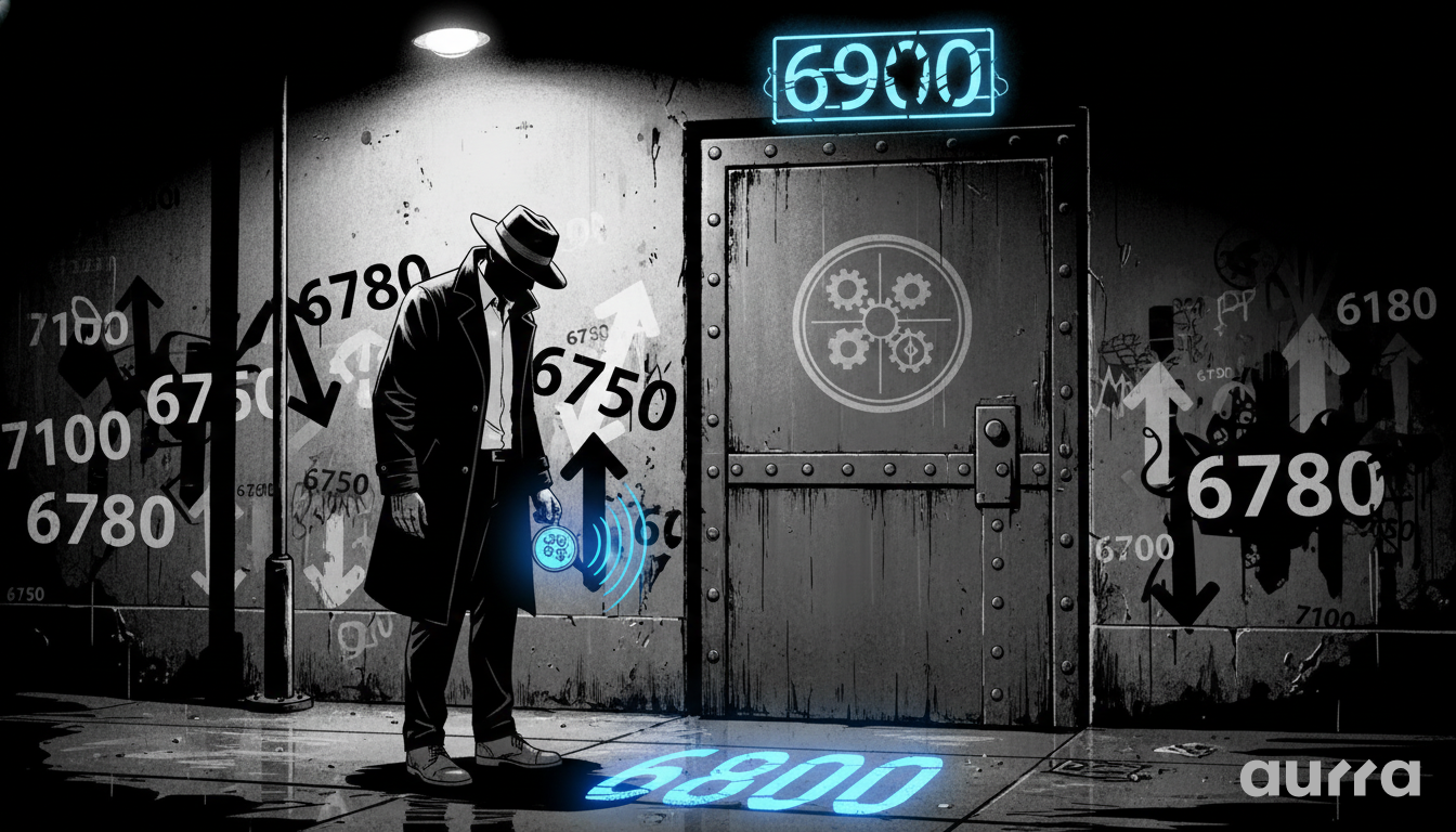 Noir illustration of a detective standing between a floor marked "6800" and a door marked "6900", symbolizing the S&P 500 trading range.