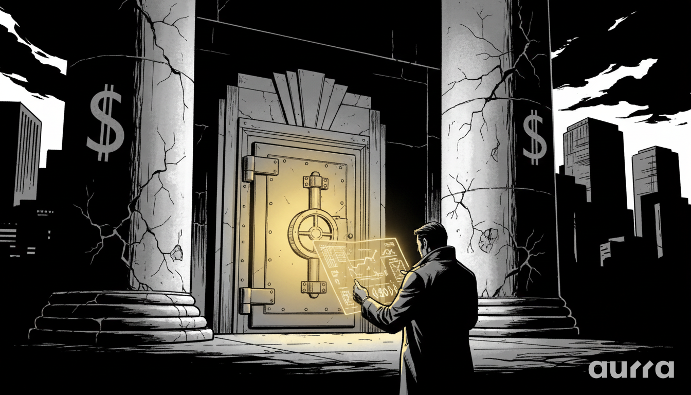 Noir-style illustration of a trader reviewing a holographic gold chart in front of a massive bank vault flanked by cracked stone pillars bearing the Dollar sign, symbolizing the weakening US currency driving demand for safe-haven assets.