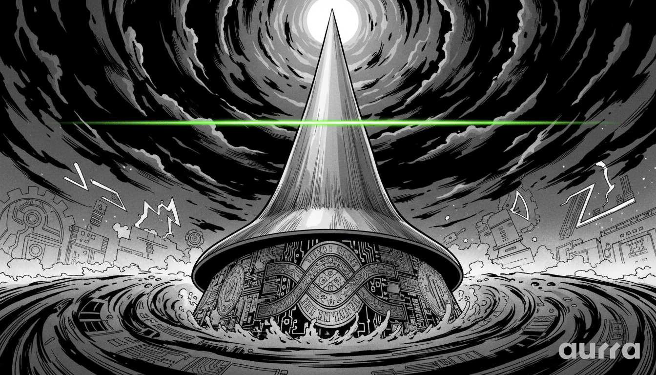 Noir-style illustration of a massive silver spire rising violently from the ocean, crossing a green laser trendline, representing the XAG/USD parabolic rally breaking records.