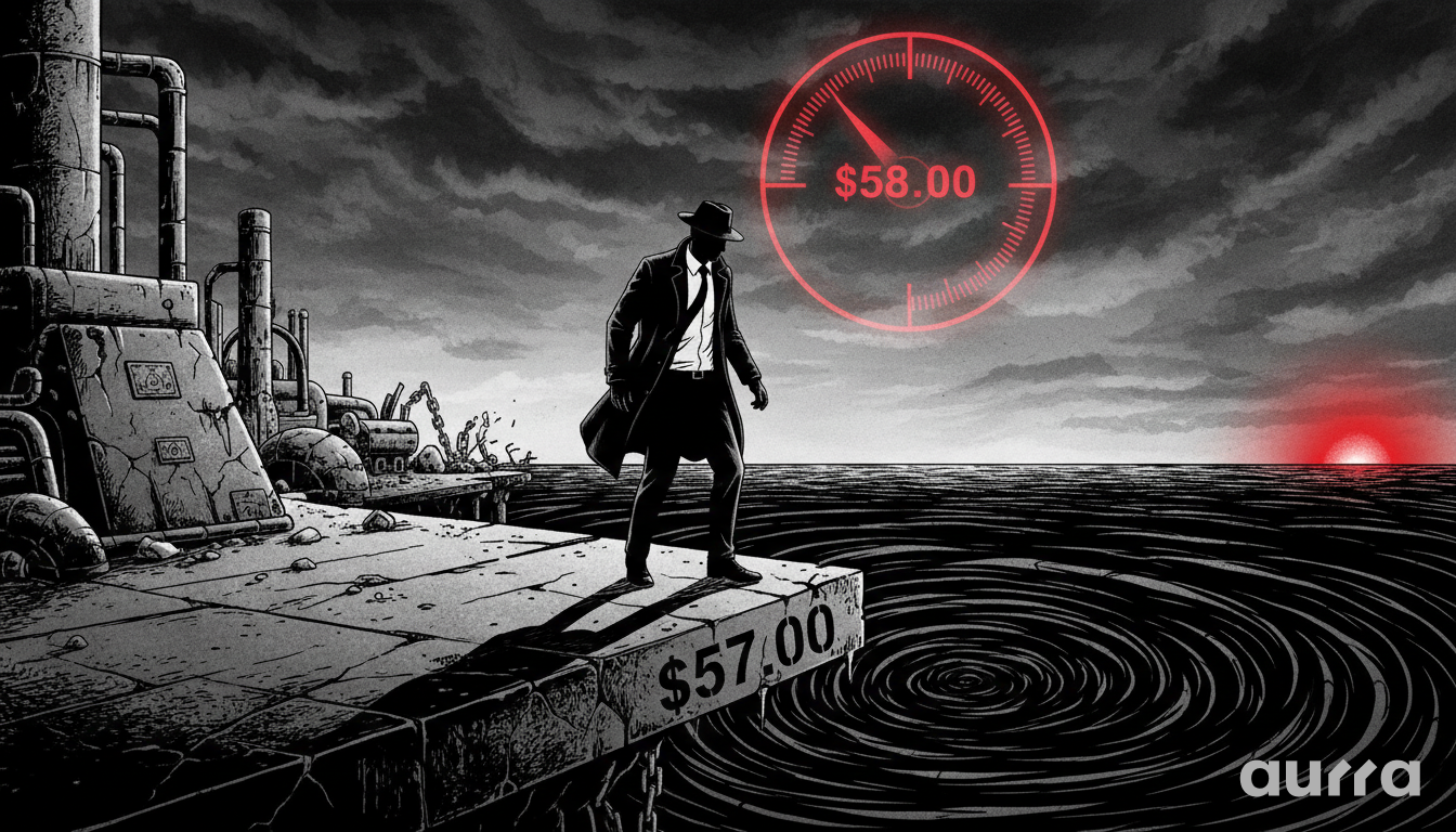 illustration of a trader standing on a dock edge marked "$57.00" below a red gauge reading "$58.00", symbolizing the WTI Crude Oil price limits.