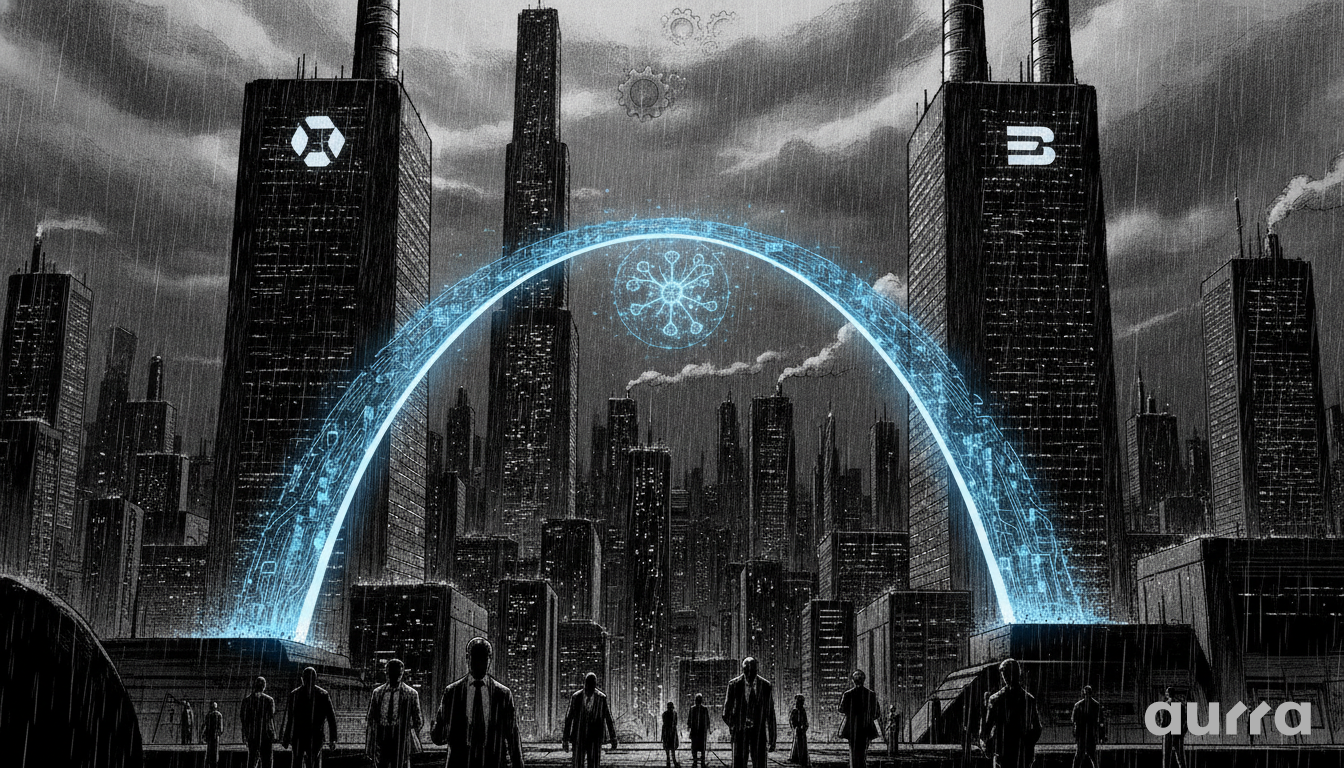 A black and white sketch drawing in image_e9785b.jpg showing two industrial towers with logos connected by a glowing blue digital archway over a dark city skyline with people walking below.