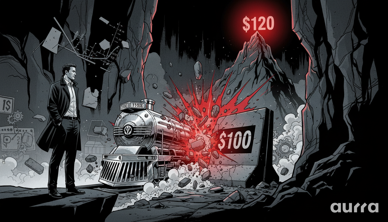 Noir-style illustration of a trader watching a massive chrome steam train smash through a concrete blockade labeled "$100" in a shower of debris, speeding toward a red-lit mountain peak labeled "$120."