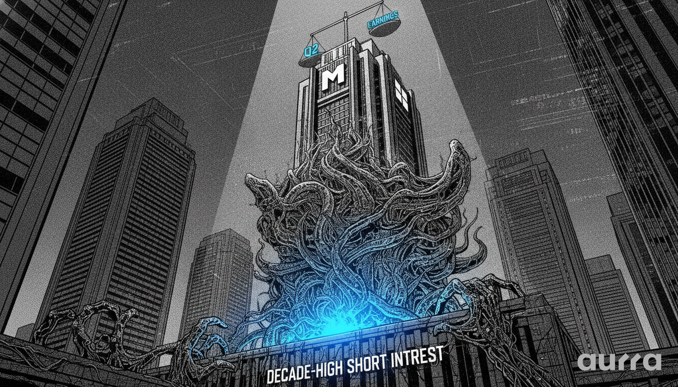 A sketch drawing in image_d1193c.jpg showing a skyscraper with an M logo under a scale labeled Q2 Earnings, surrounded by tangled roots labeled DECADE-HIGH SHORT INTEREST.