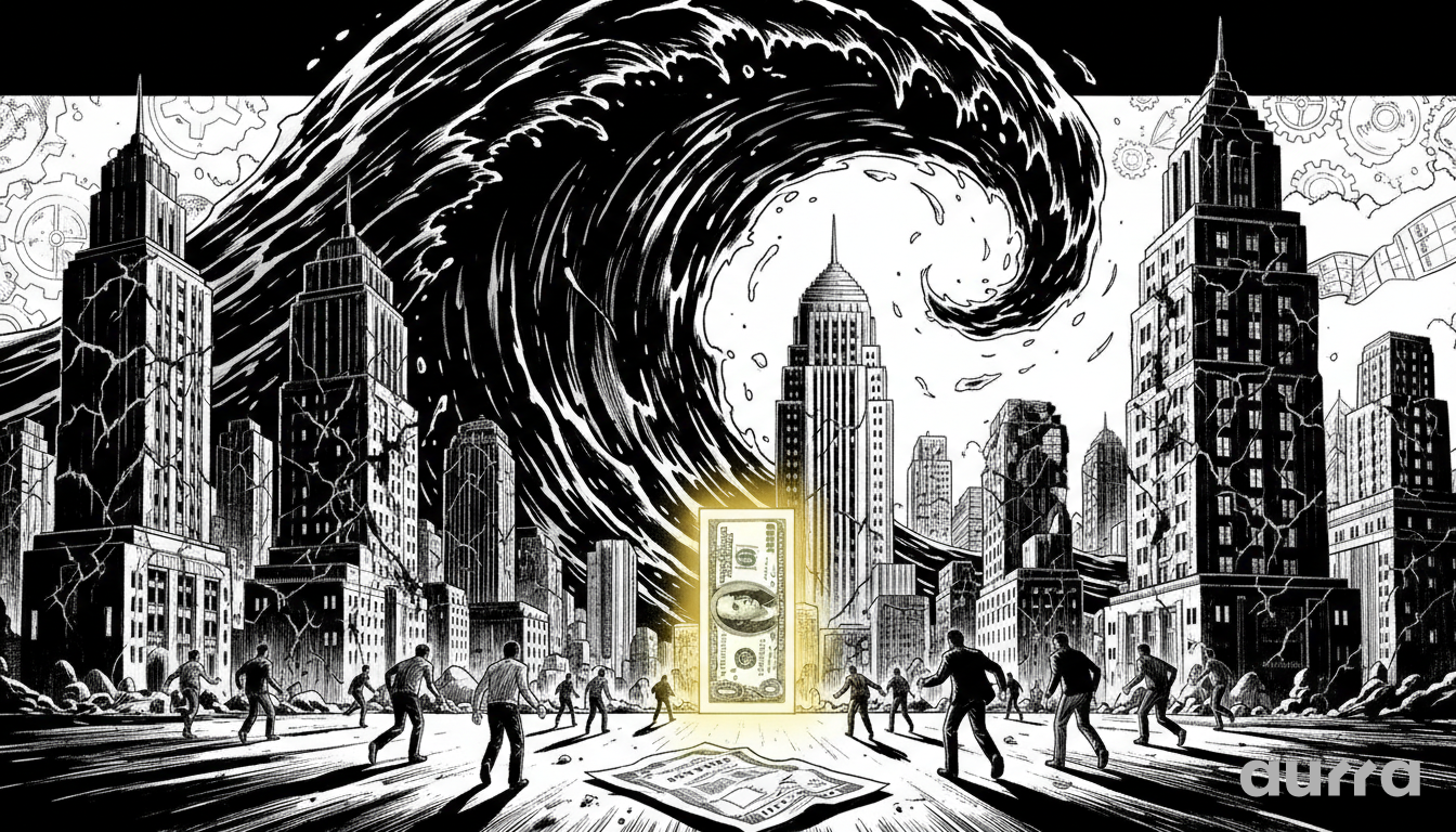 Illustration of a massive dark oil wave crashing into a city as investors run toward a glowing US dollar bill doorway for safety.