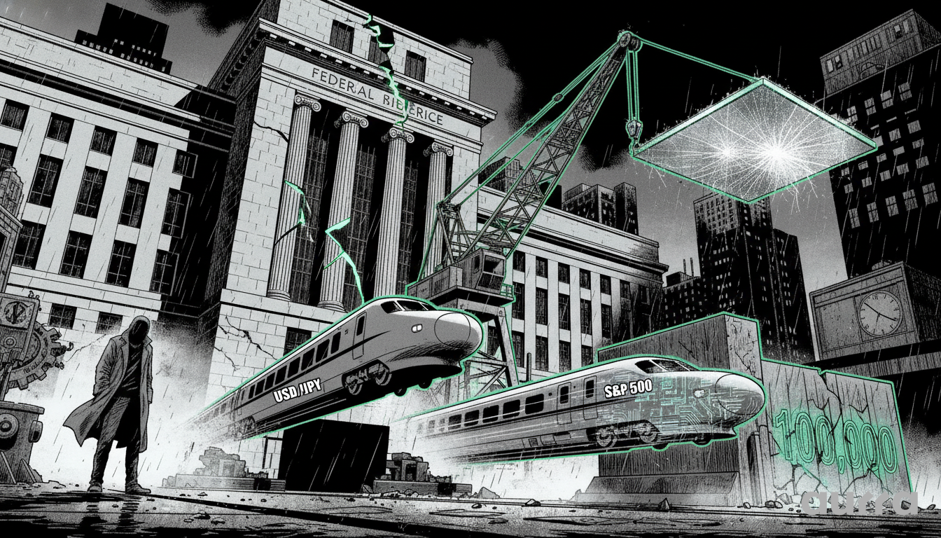 Noir illustration of the Federal Reserve building with speeding trains labeled USD/JPY and S&P 500, alongside a glowing $100,000 Bitcoin target sign.