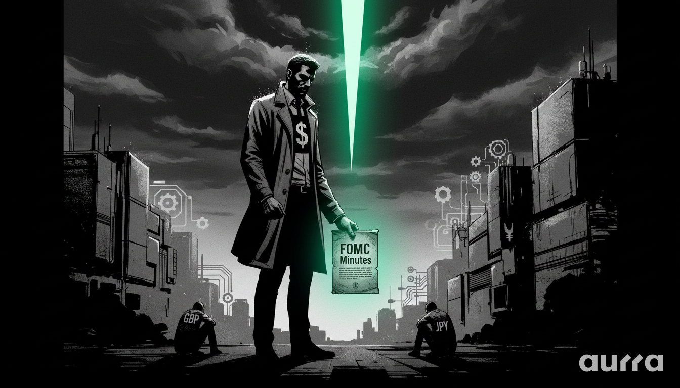A man in a trench coat holding an "FOMC Minutes" document in a dark city street, with a bright green beam of light symbolizing market focus on the Fed.