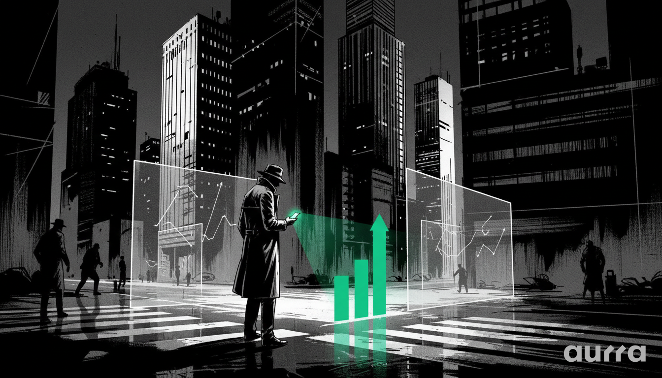Noir-style illustration of a trader standing in a dark city street, examining a large holographic chart projecting a green upward trend arrow, representing the technical analysis of the EUR/USD pivot point.