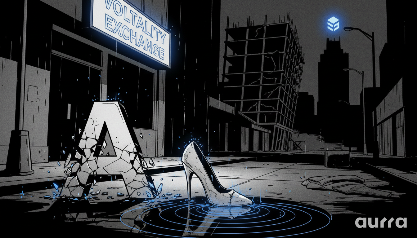 Illustration of a shattered letter A and a stiletto heel in a puddle outside a Volatility Exchange building during a rainstorm.