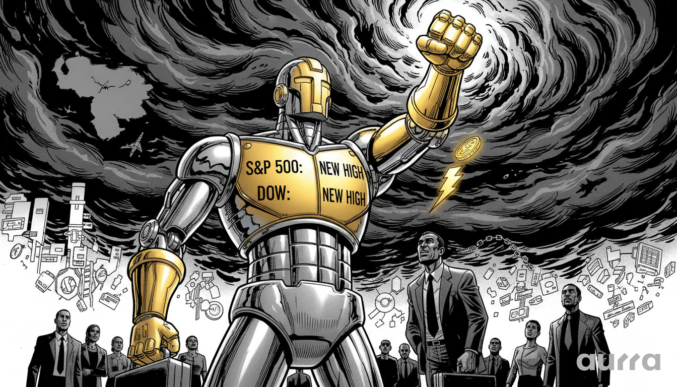 Noir-style illustration of a giant metallic robot with "S&P 500: NEW HIGH" and "DOW: NEW HIGH" engraved on its gold chest plate, standing resilient against a dark storm cloud containing a map of Venezuela.