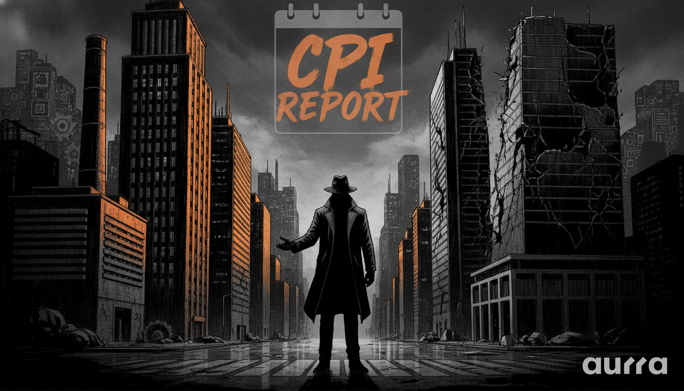 A noir-style illustration of a man in a trench coat standing in a city street between intact and damaged skyscrapers under a floating CPI REPORT calendar icon.