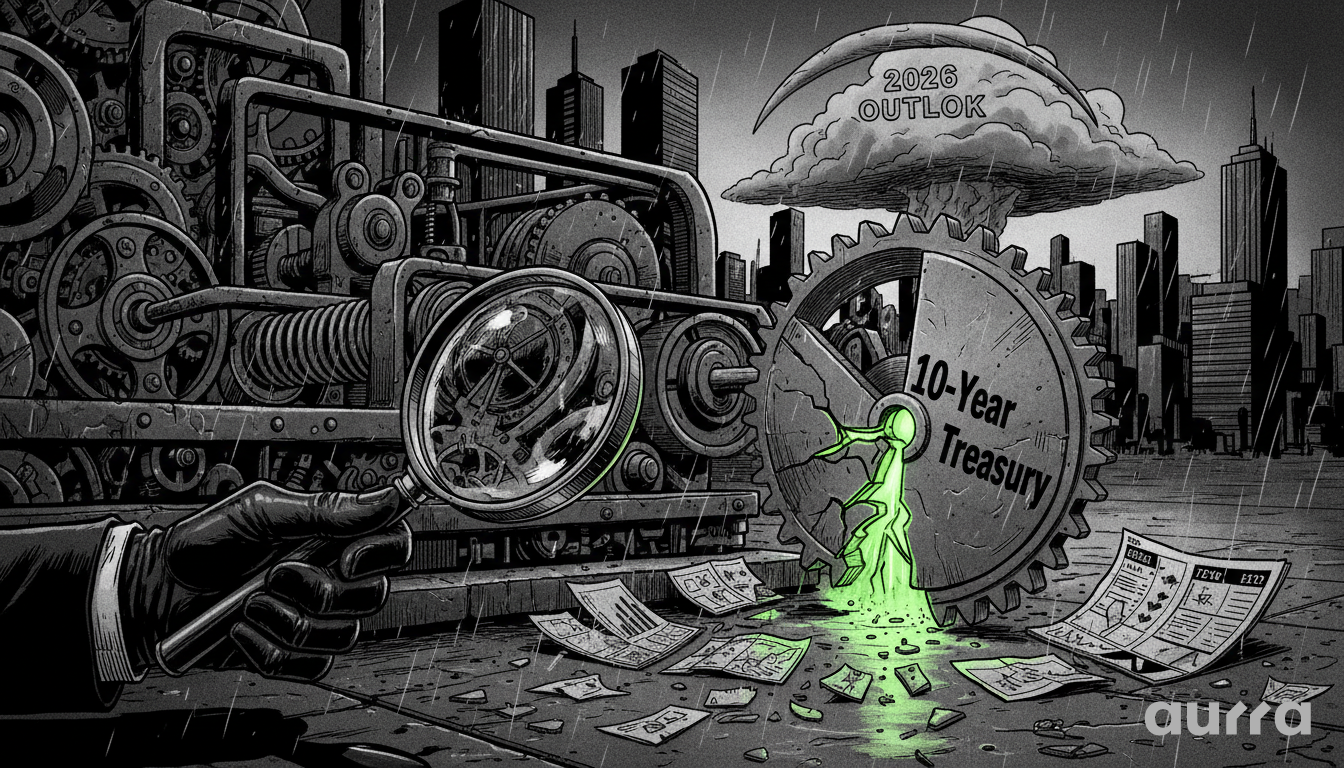 Noir-style illustration of a hand holding a magnifying glass over complex machinery, focusing on a cracked gear labeled "10-Year Treasury" glowing green, with a cloud mushroom cloud labeled "2026 OUTLOOK" in the background.