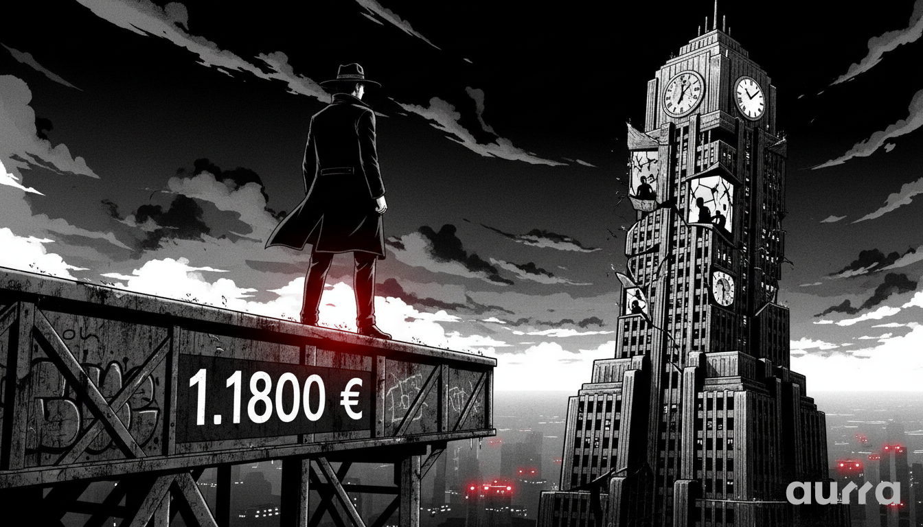 Noir illustration of a trader standing on a high-rise steel girder labeled "1.1800 €", overlooking a city, symbolizing the EUR/USD breakout to a new high.