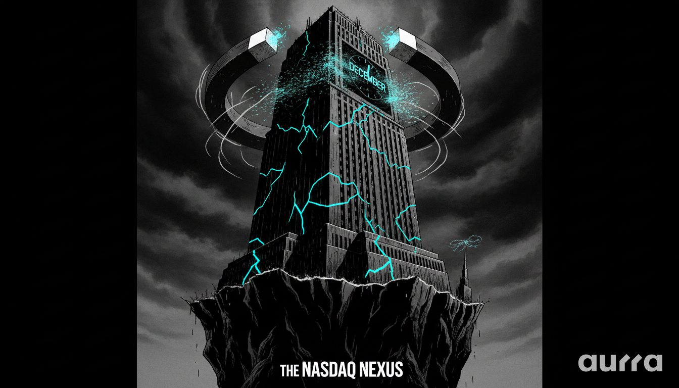 A monolithic skyscraper labeled 'The Nasdaq Nexus' with neon cracks and a floating magnetic ring marked 'December' in a dark, stormy setting.