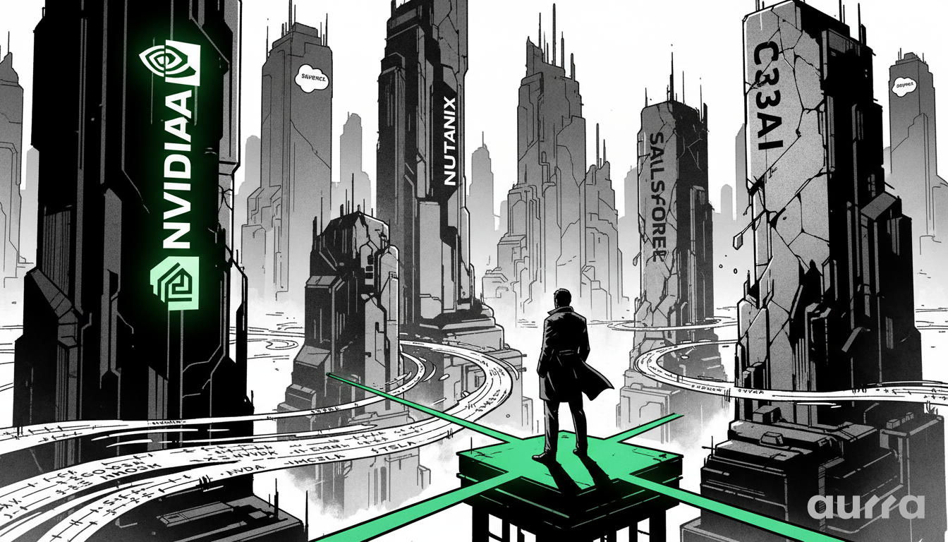 Noir-style illustration of a trader standing on a green crossroad, looking up at giant futuristic skyscrapers branded with Nvidia, Nutanix, Salesforce, and C3.ai logos, symbolizing the dramatic after-hours stock movements.