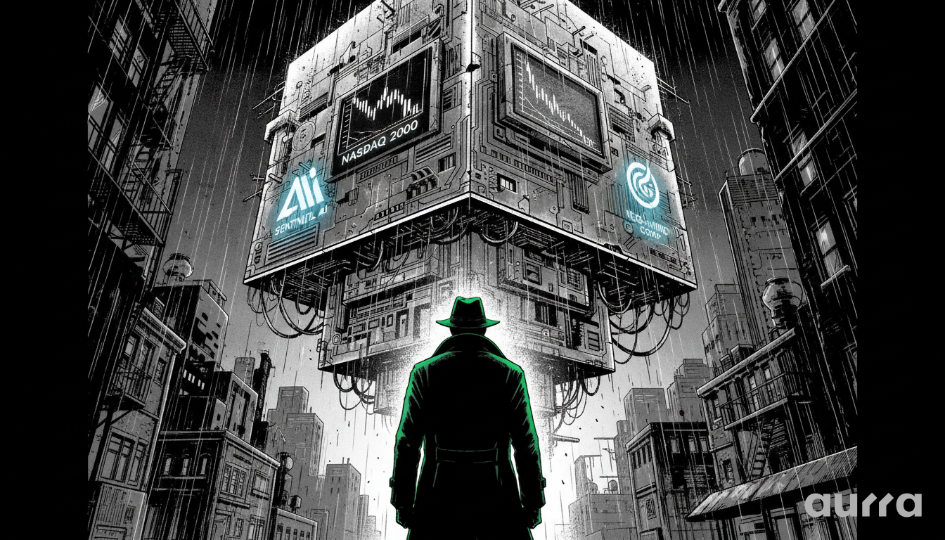 Noir illustration of a detective facing a floating tech cube labeled "NASDAQ 2000" with crashing charts, symbolizing the OpenAI dot-com risk.