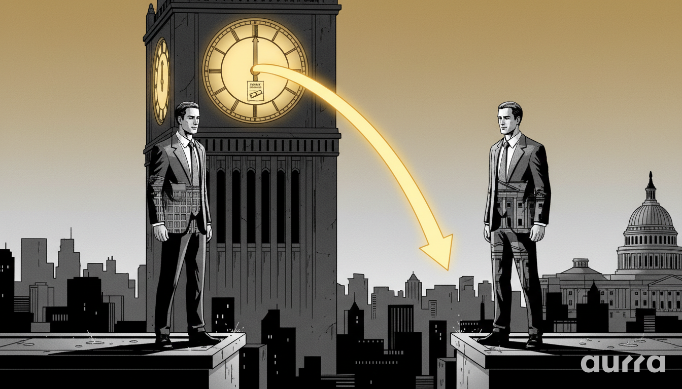 Illustration of businessmen standing before Big Ben and the US Capitol, connecting European and US markets for EUR/USD analysis.