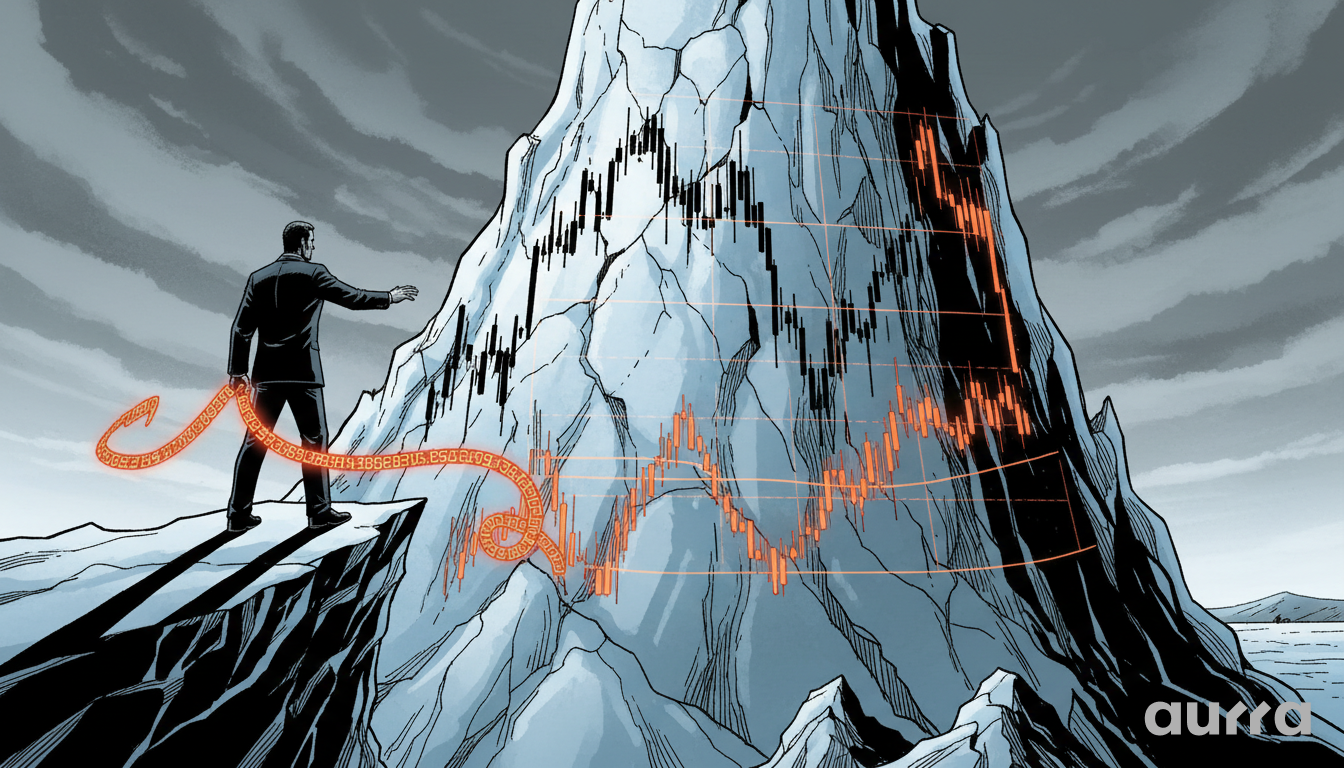 Noir-style illustration of a businessman standing on a jagged peak, watching a glowing orange market chart line plummet down a steep mountain face, symbolizing the S&P 500's descent toward critical support levels.