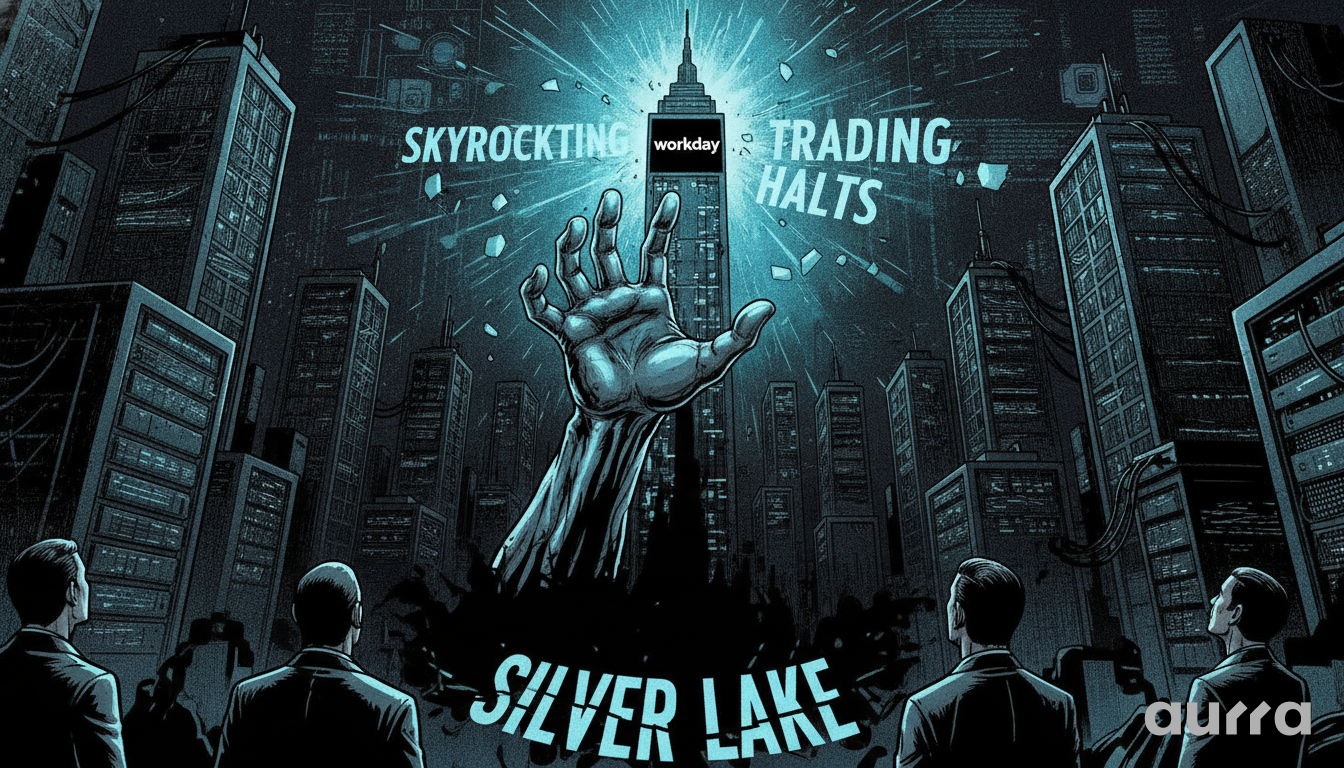 A sketch drawing in image_32afb7.jpg showing a giant hand reaching out of a dark city street toward a glowing skyscraper with the word workday on it, with text SKYROCKETING TRADING HALTS and SILVER LAKE.
