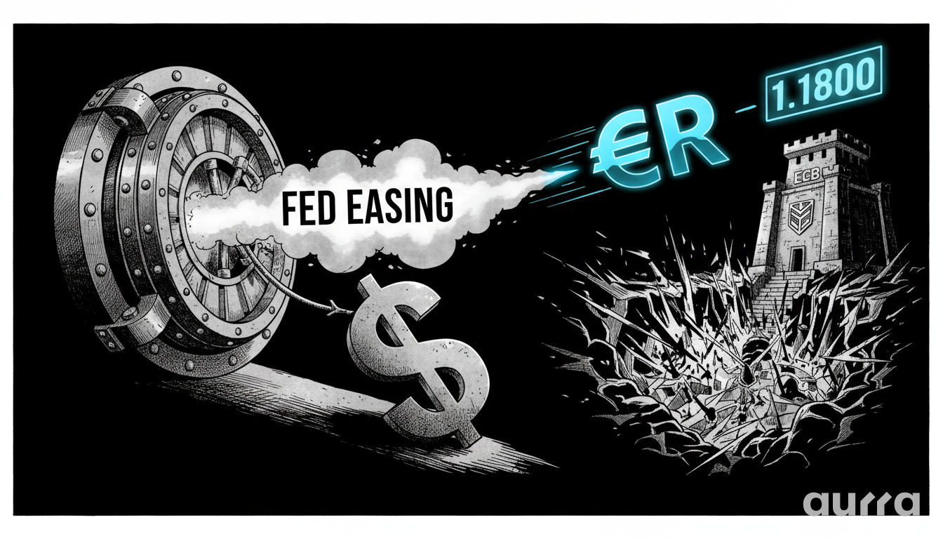 Illustration of a US Federal Reserve vault blowing a cloud labeled "FED EASING" that propels a glowing Euro symbol into a fortress labeled "ECB", representing the currency impact of diverging monetary policies.