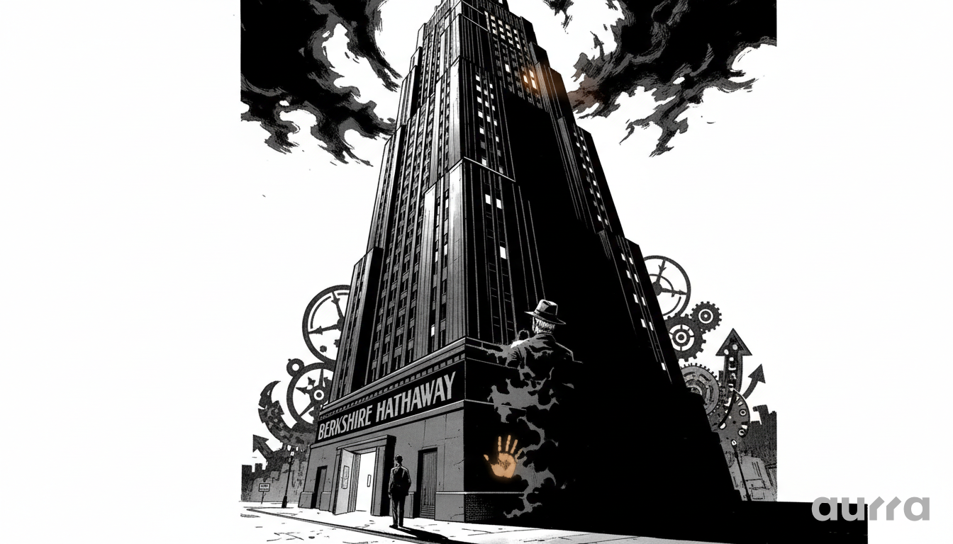 Noir-style illustration of an investor looking up at a towering skyscraper labeled Berkshire Hathaway, representing the monumental legacy left by Warren Buffett as he steps down.