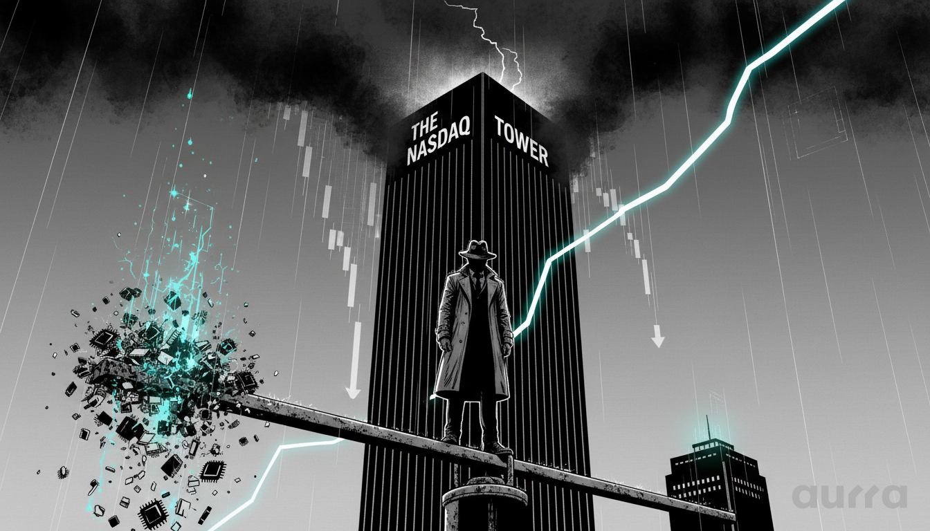 An illustration depicting a trench-coated figure standing precariously on a large lever, with "THE NASDAQ TOWER" in the background under stormy skies and lightning striking tech components.