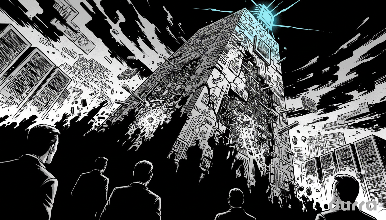 Noir-style illustration of a massive, high-tech digital skyscraper crumbling and shedding debris, symbolizing Intel's sharp stock decline due to internal manufacturing issues.