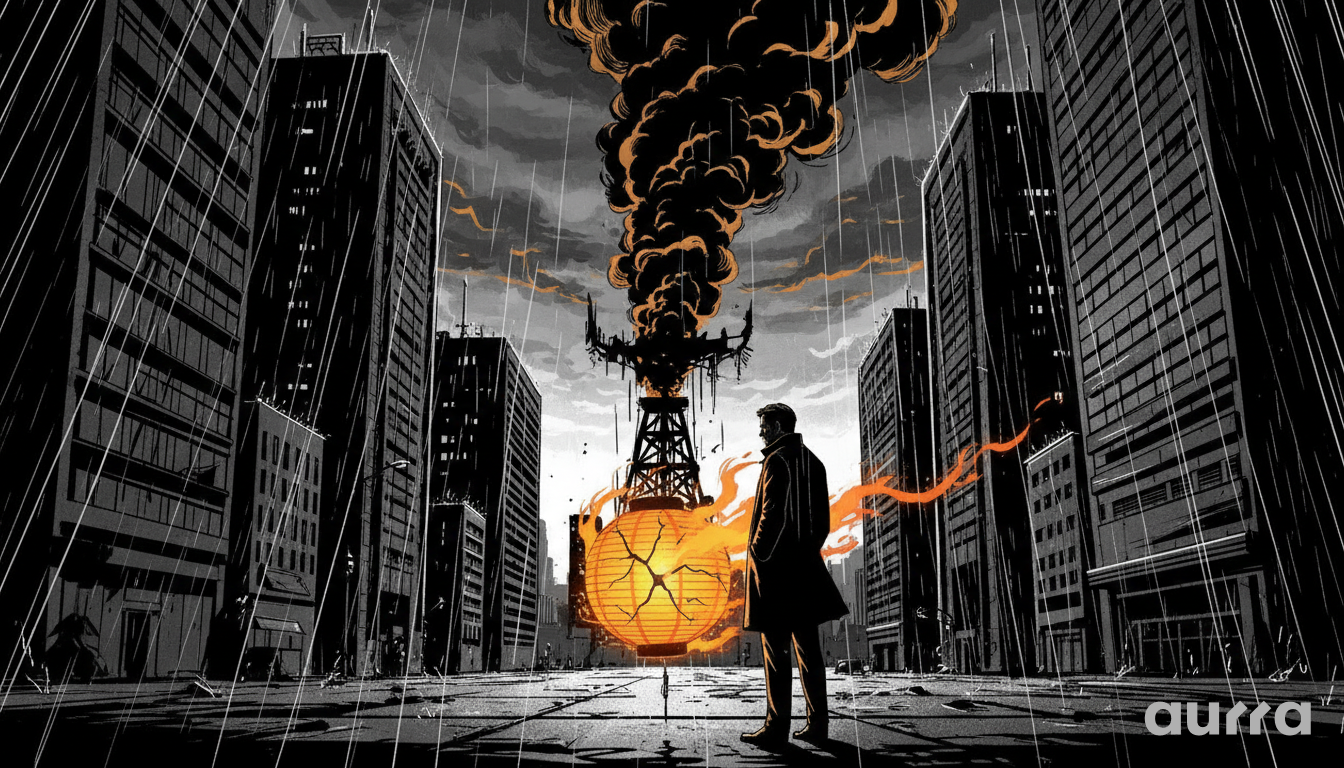 Illustration of a man in a trench coat standing in a dark, rainy city. A cracked, glowing orange Japanese paper lantern floats in the foreground. In the background, a tall industrial tower burns, sending thick black smoke into the stormy sky.