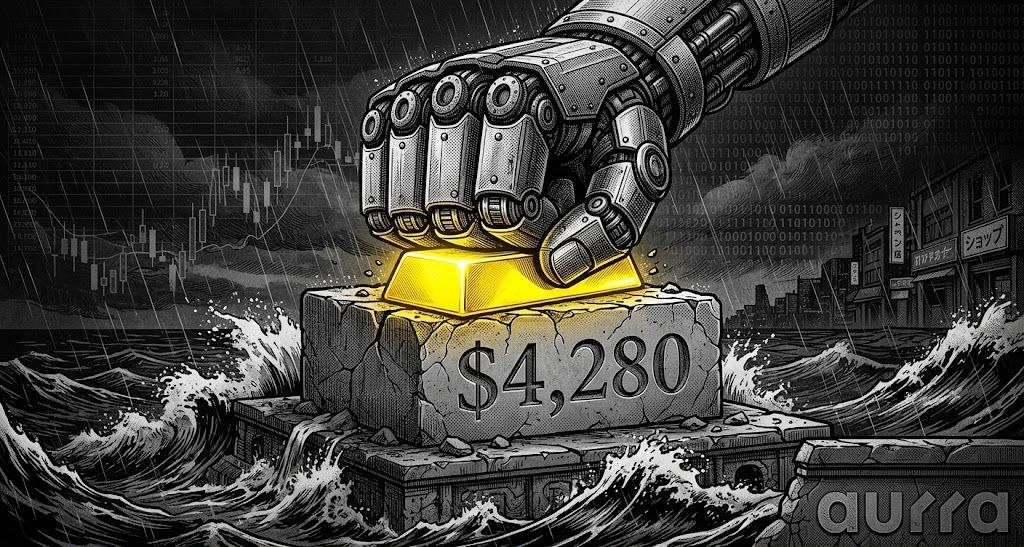 A noir-style illustration shows a large fist pressing down on a gold bar sitting on a cracked concrete block labeled $4,280 amid crashing waves